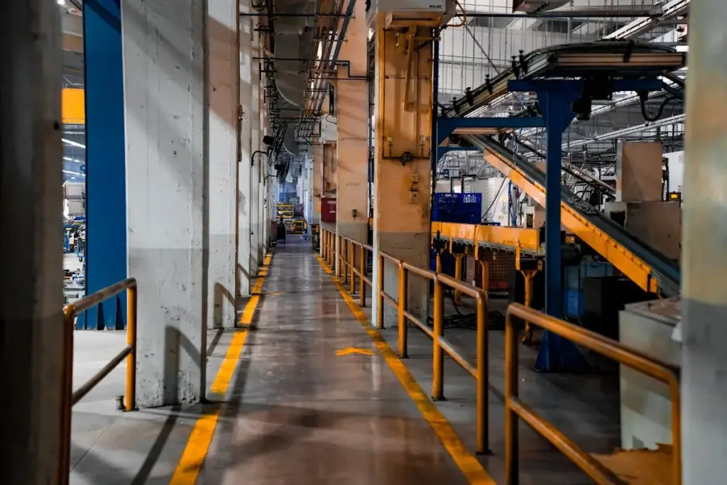 Interior pabrik modern dengan mesin industri dan sistem konveyor